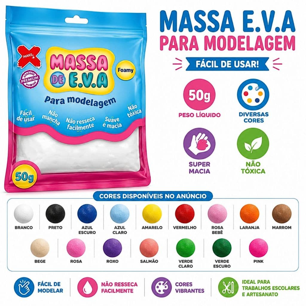 Massa de E.V.A  Diversas Cores Para Modelagem 50 Gramas Fácil Uso