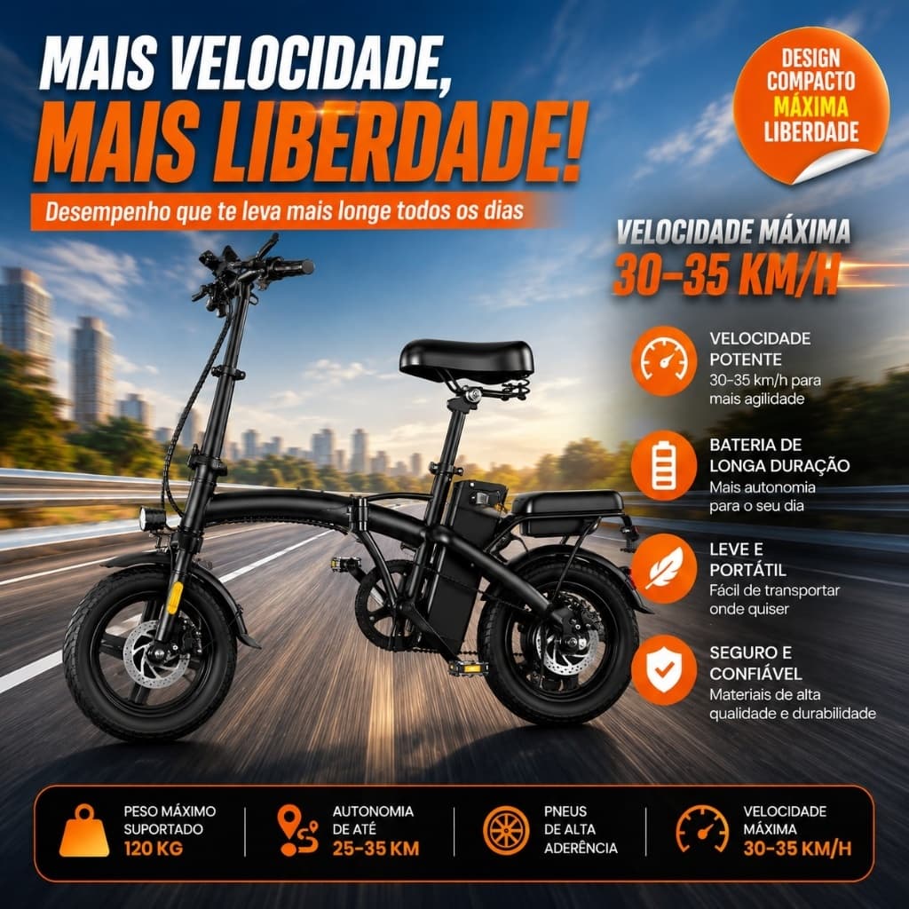 Bicicleta Elétrica Dobrável Adulto com Pneus A Vácuo e Bateria de Lítio