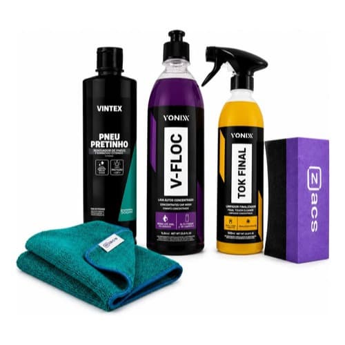Kit Completo De Limpeza Vonixx V-Floc Tok Final Pneu Pretinho 500ml Com Pano E Aplicador de pretinho