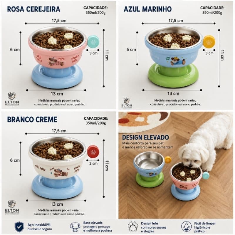 Comedouro Comedouro Elevado Pet Cachorro Gato Com Tigela Inox Ergonômico Fofo