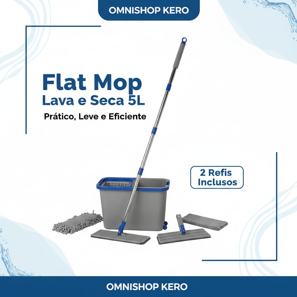 Mop Lava e Seca Com Balde e 2 Refil | Rodo Flat Mop e Balde - Sortido