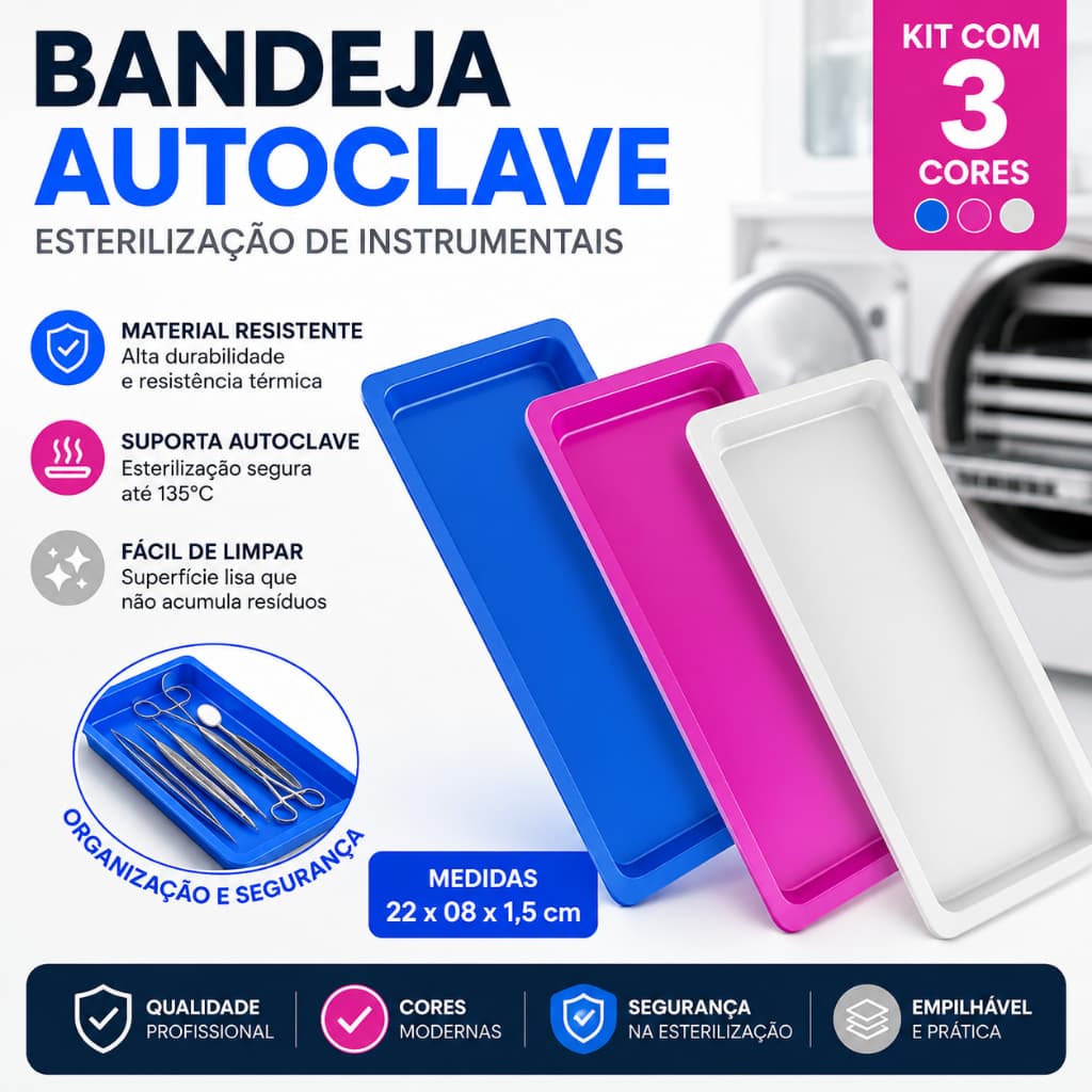 Bandeja Para Autoclave Kit C/ 3 Unidades  Esterilização Instrumentais 22x08x1,5