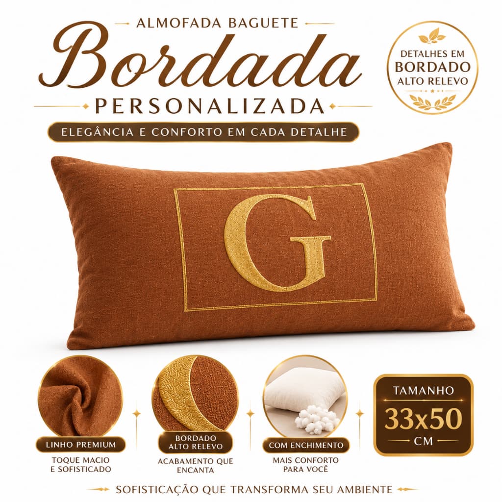 Almofada Baguete Bordada Personalizada 33x50 Linho Premium com Enchimento e Zíper
