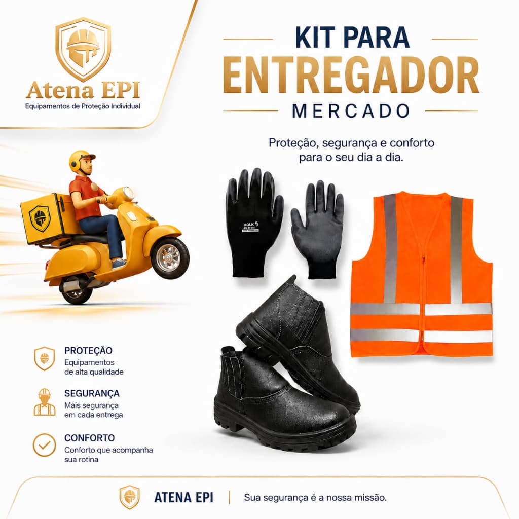 Kit Epi completo Entregador Mercado Motorista Bota Botina + Colete Refletivo Laranja + Luva Multitato entrega lalamove