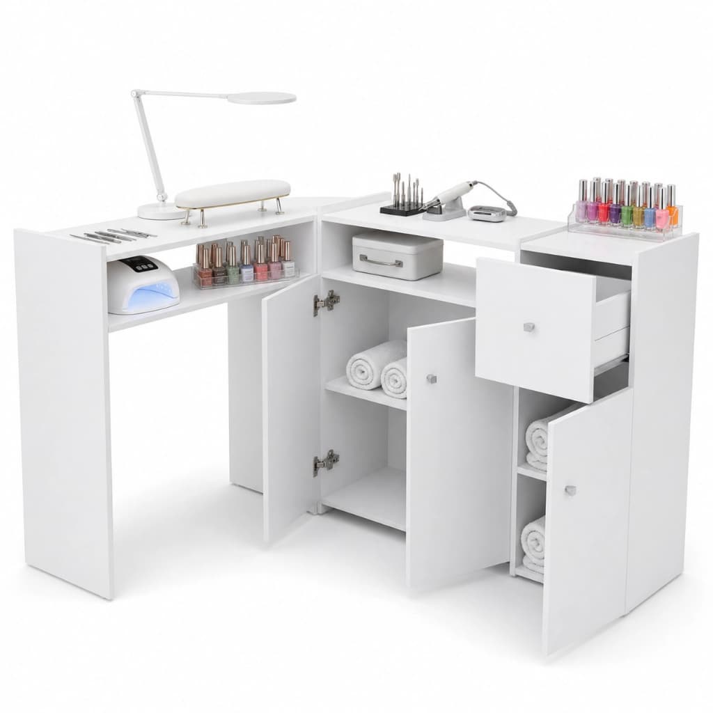 Mesa Manicure Em L Grande Com 3 Portas E Gaveta Completa Para Salão De Beleza Spa Pedicure Multiuso