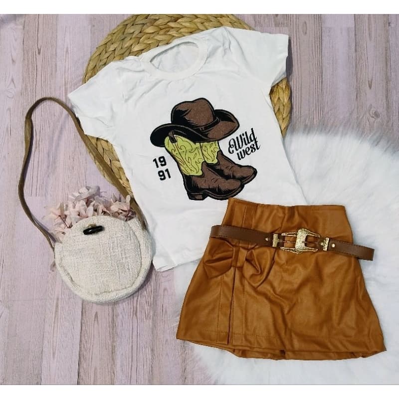 conjunto country infantil menina com cinto, short saia couro fake , blogueirinha , ana castela