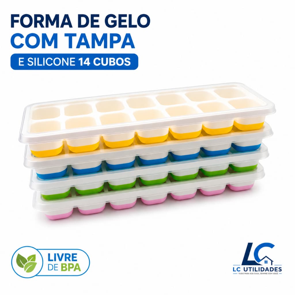 Forma de Gelo Silicone 14 Cubos com Tampa BPA Free Flexível Alimentícia Fácil de Desenformar