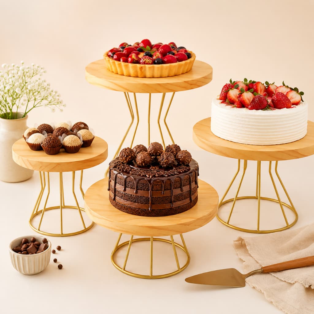 kit com 5 boleiras e doceiras para decorar sua festa