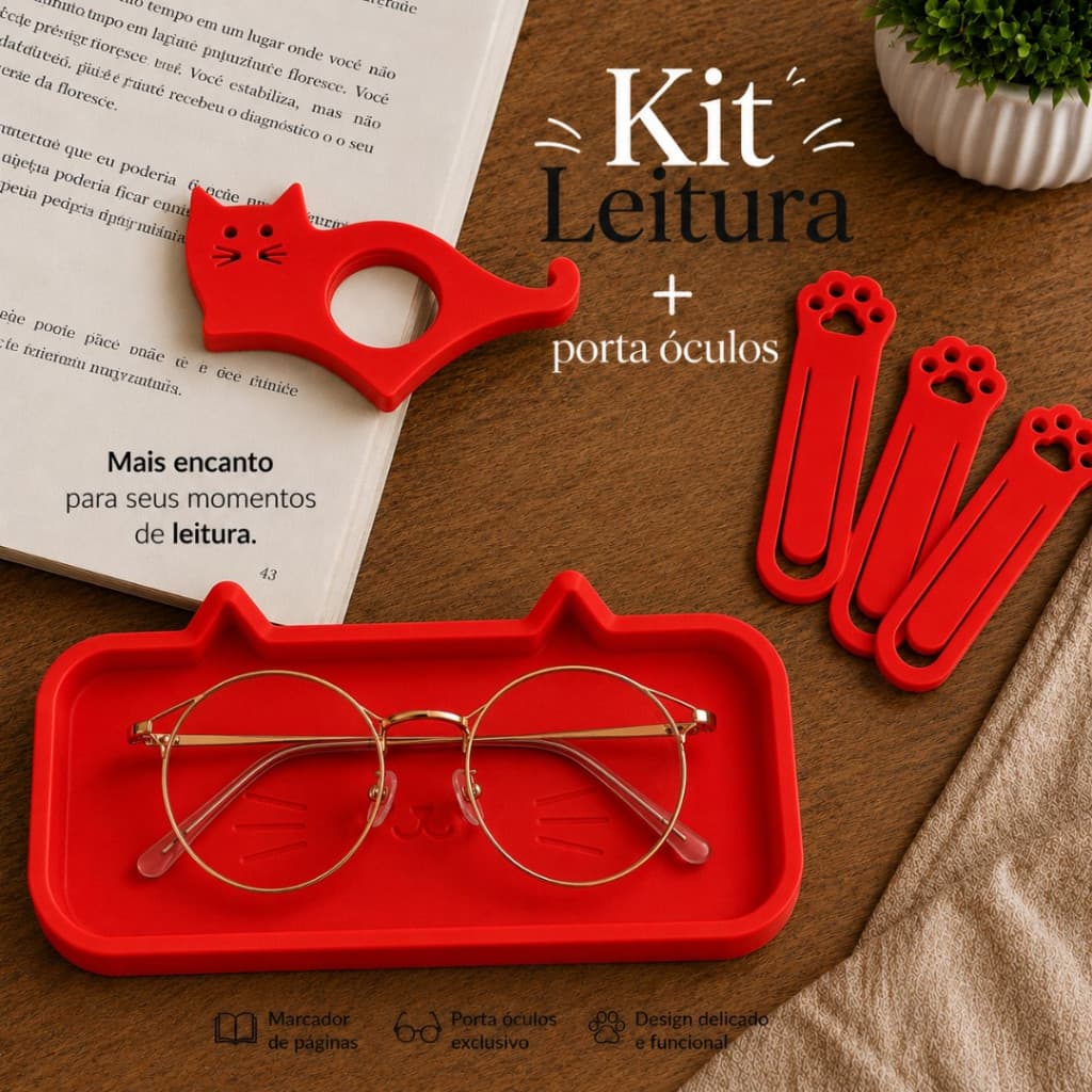 Kit de Leitura Gatinho com Bandeja Porta Óculos e Marcadores de Página Patinhas - VERMELHO