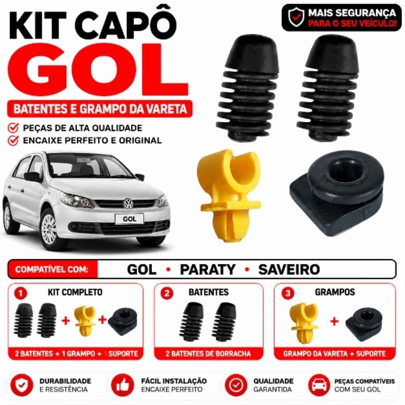 Kit Batente Capô Gol Parati Saveiro + Grampo Vareta Capô Completo Original Reposição
