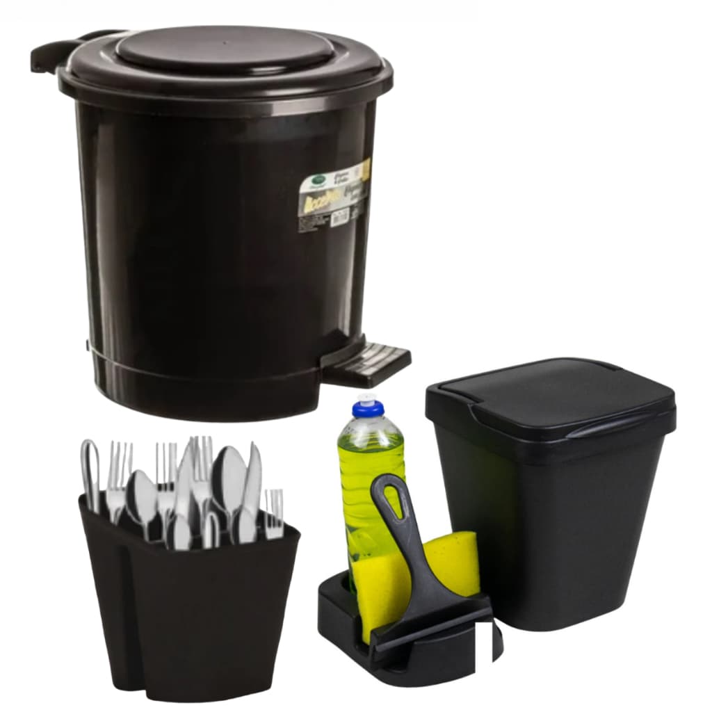 Kit Completo Organizador de Cozinha Lixeira 5L + Porta Detergente + Rodinho + Porta Talher + Lixeira 7Litros