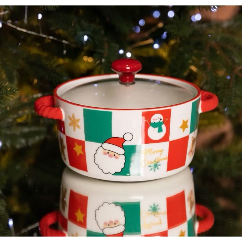 PANELA NATAL  CERÂMICA 850ML C/ TAMPA DE VIDRO MESA POSTA DECORAÇÃO NATALINA