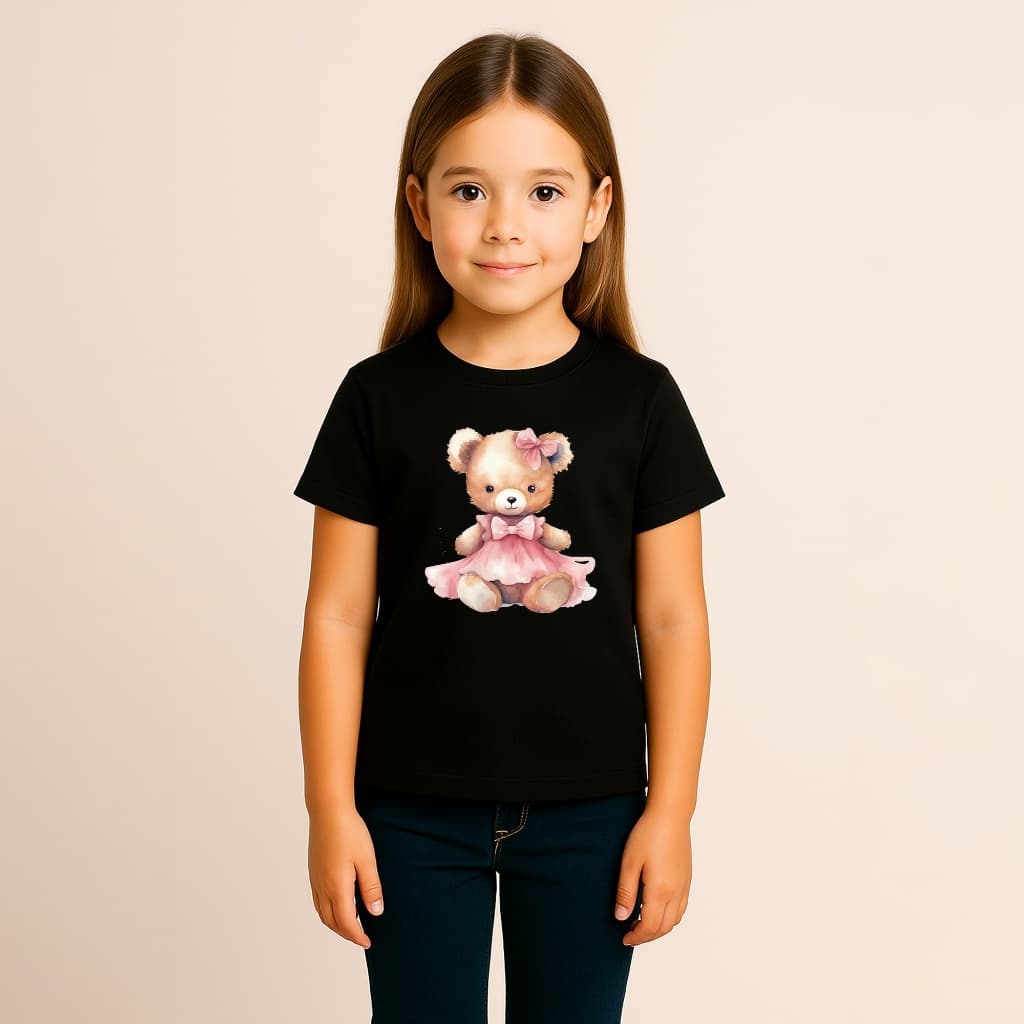 CAMISETA INFANTIL MENINA ALGODÃO URSA VESTIDO ROSA LACO AQUARELA FOFA
