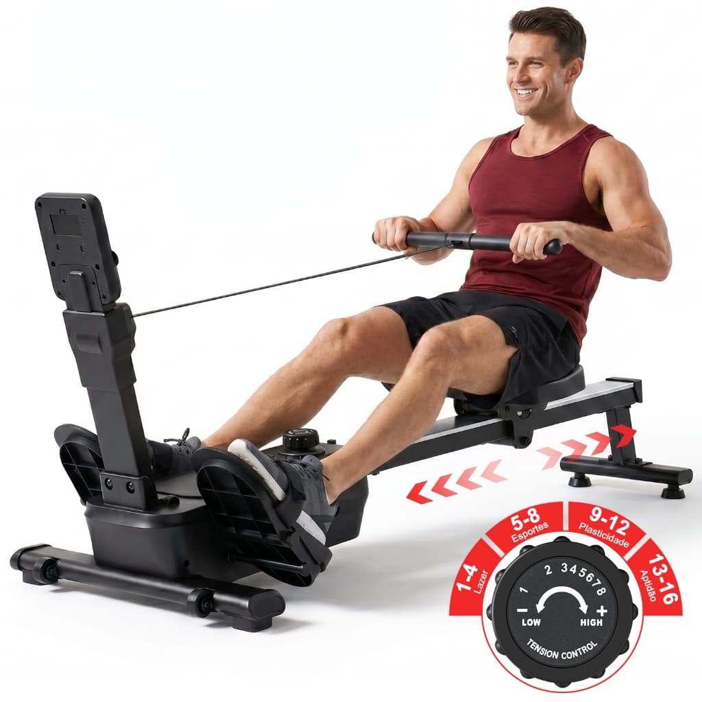 Aparelho de Remo Magnético Dobrável Resistência 16 Níveis Treinamento Corporal Completo Resiste 120Kg