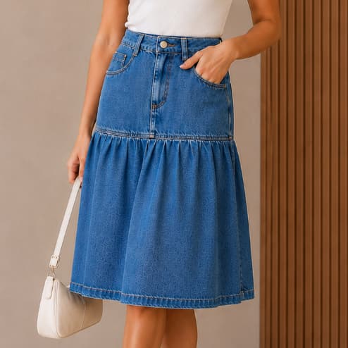 Saia Midi Jeans Com Babado Sem Elastano