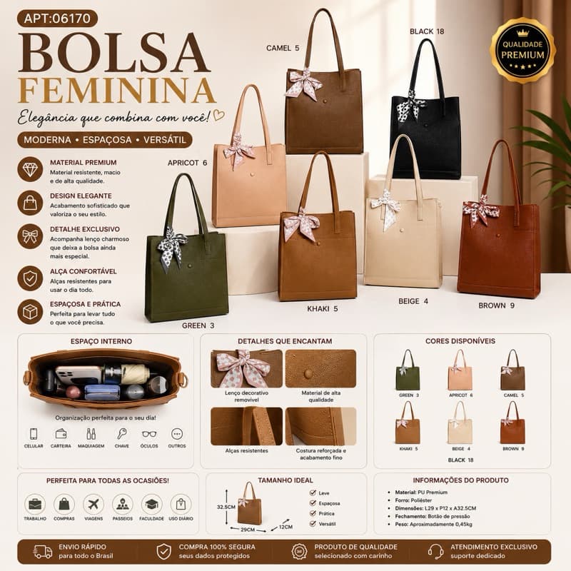 Bolsa Feminina Tote Grande com Lenço Decorativo | Bolsa de Ombro Elegante em PU Premium  06170