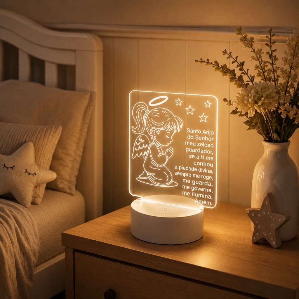 Luminária Personalizada Oração Anjo da Guarda Menina Led RGB Decorativa