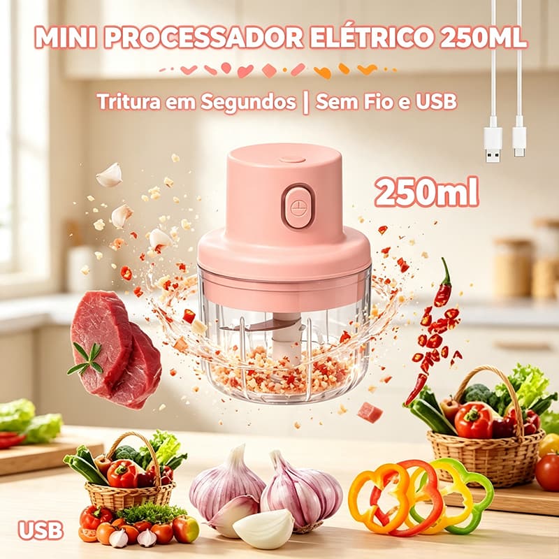 Mini Processador Elétrico 250ml Sem Fio Recarregável USB Tritura em Segundos Picador para Alho, Carne, Temperos e Verdur