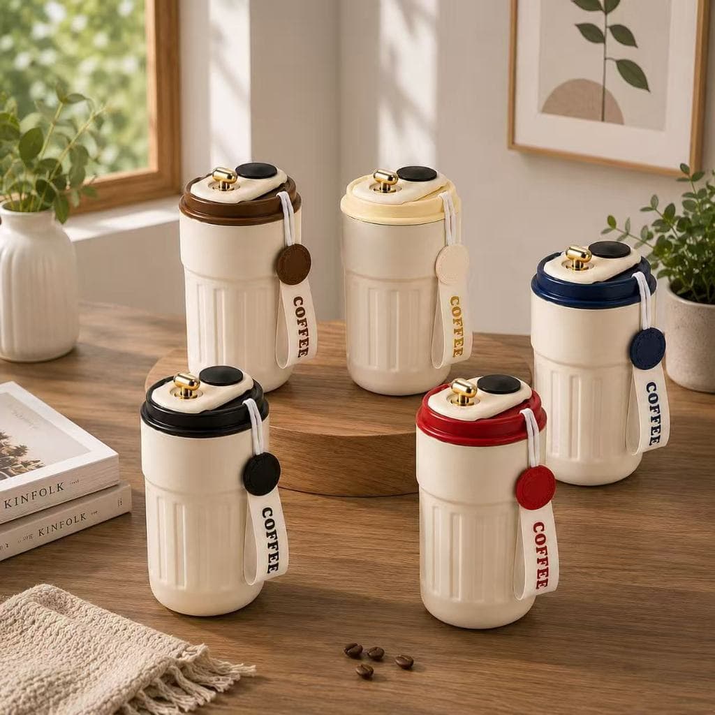 Copo Térmico Cafe Inox Portátil com tampa,450ml, Com LED Temperatura Antivazamento—