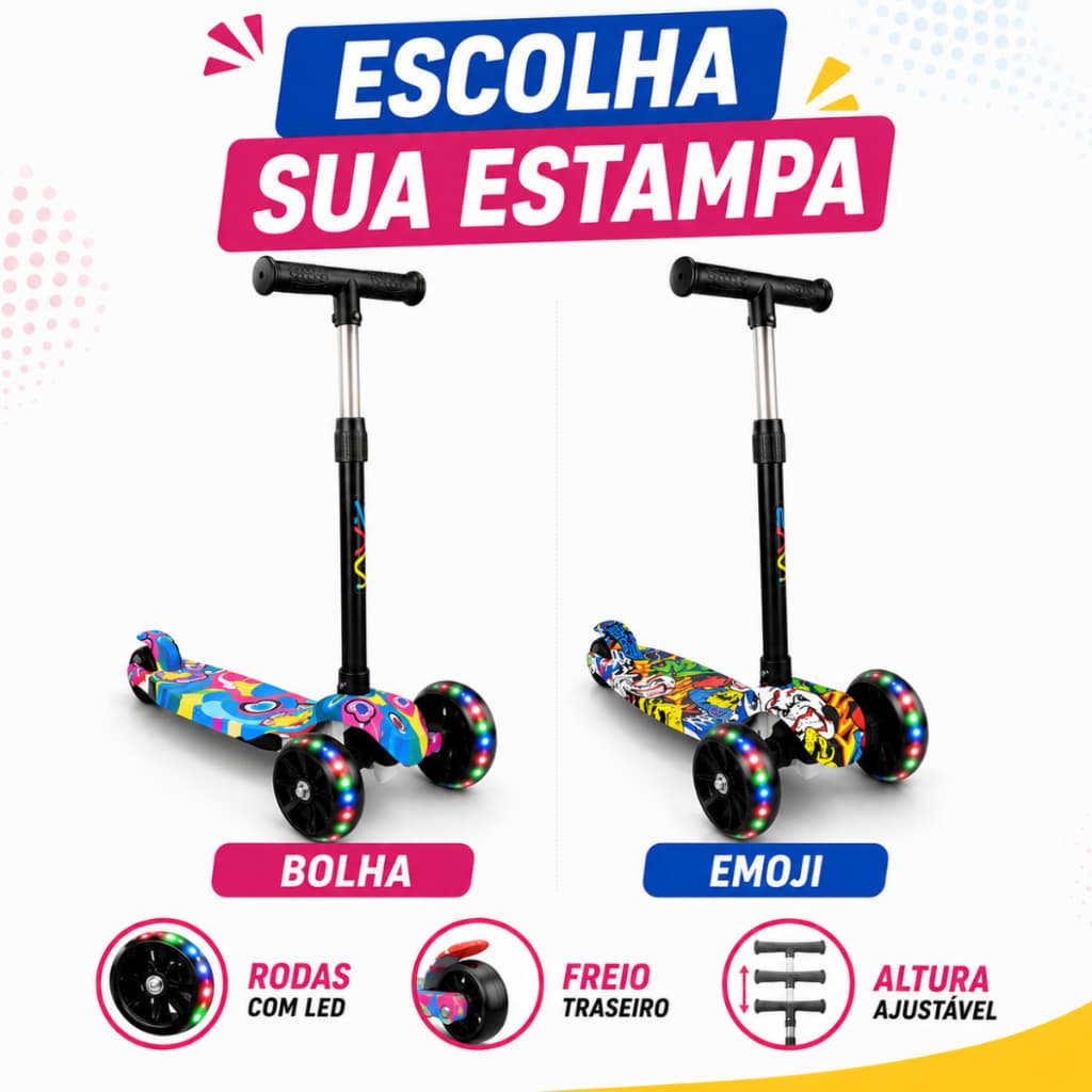 Patinete Infantil 3 Rodas Com LED Dobrável Altura Ajustável Freio Traseiro Até 50kg