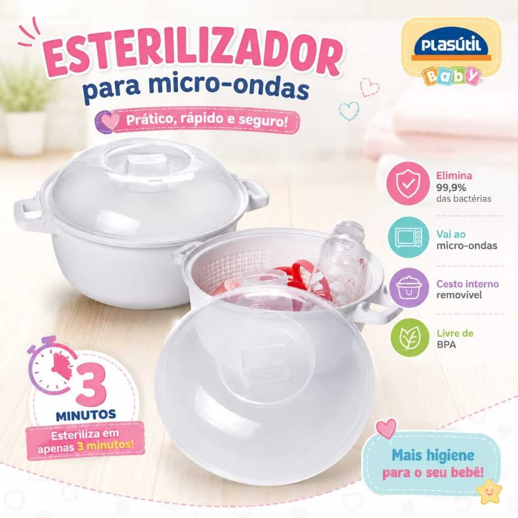 Esterilizador de Mamadeira e Chupeta3 Peças Compacto e Portátil Para Microondas Redondo
