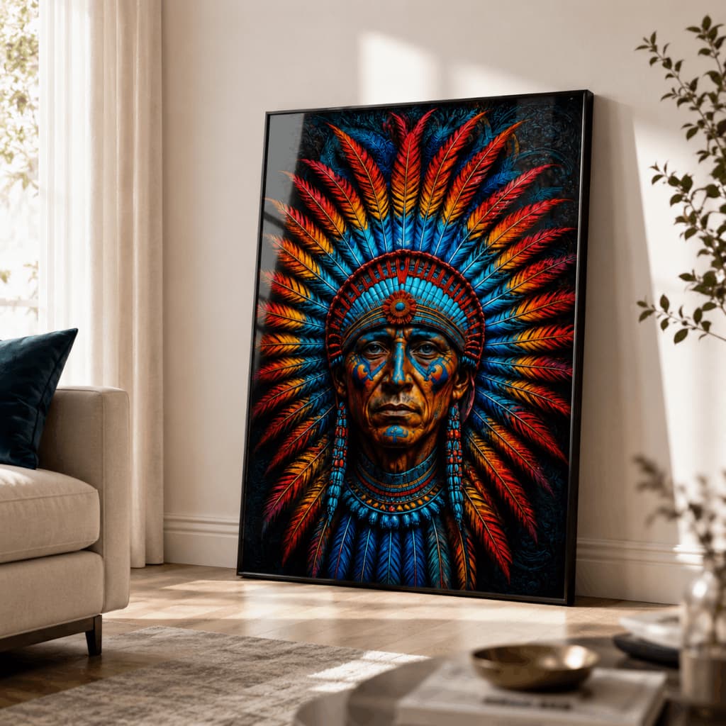 Quadro Decorativo Indígena Cocar Colorido Arte Tribal para Sala Quarto Escritório e Espaço Étnico