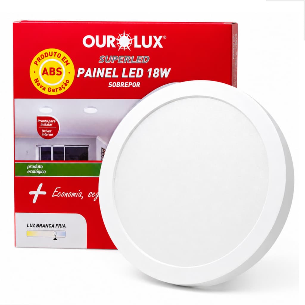 Painel Luminária Plafon LED  Branco FrioOurolux Redondo 18W 6500W   Sobrepor Sala Casa CozinhaTeto