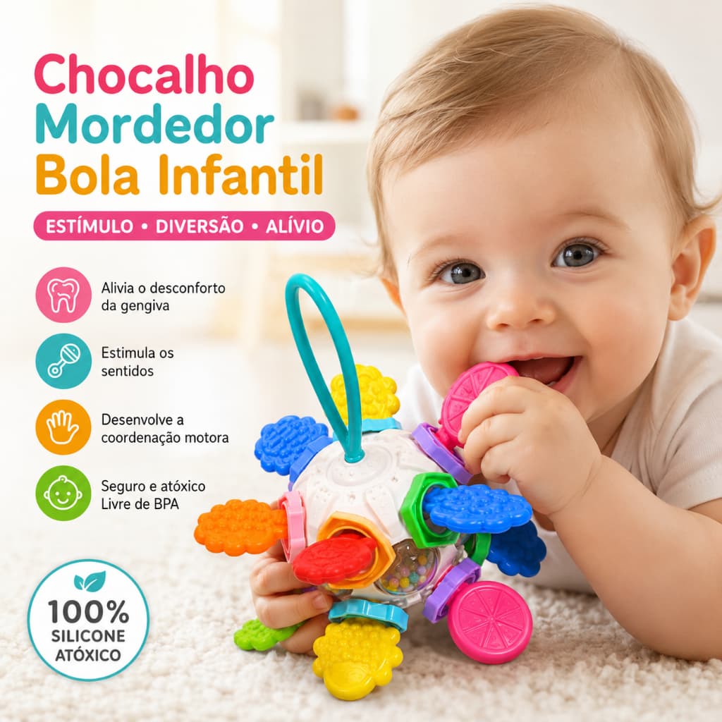 Chocalho Mordedor Bola Sensorial para Bebê Dentição Silicone BPA Free