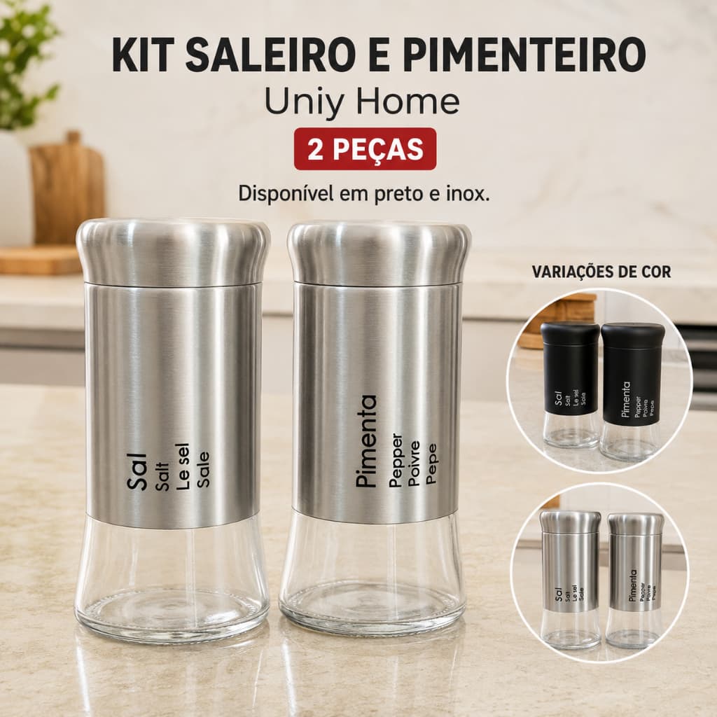 Kit Saleiro e Pimenteiro Unyhome em Vidro e Aço Inox 120 ml – 2 Peças