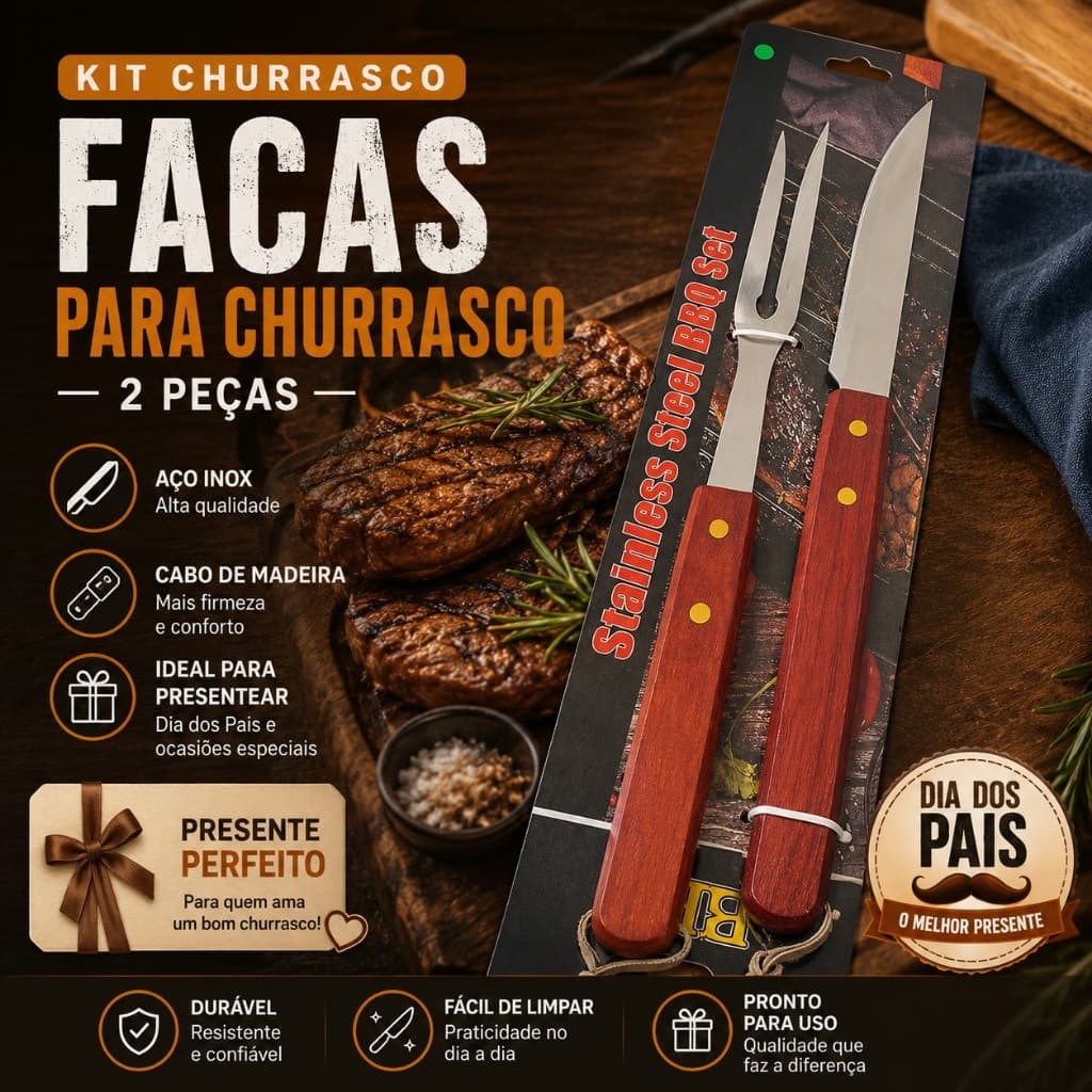 Kit Churrasco Faca e Garfo Trinchante Inox Cabo Madeira Presente Dia dos Pais 2 Peças