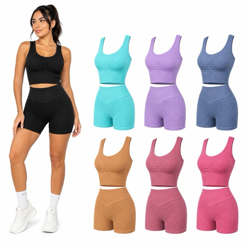 Conjunto Fitness Feminino Canelado Empina Bumbum Zero Transparência Cropped e Short Cintura Alta