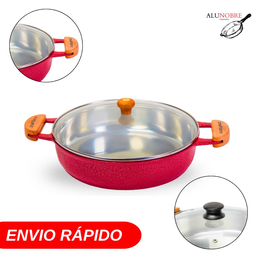 Frigideira 26cm Vermelha Alumínio Fundido com Tampa de Vidro