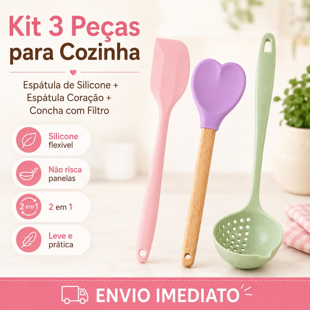 Kit 3 Utensílios de Cozinha – Espátula de Silicone, Espátula Coração e Concha com Filtro
