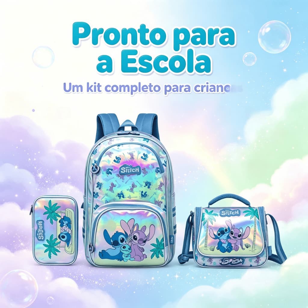 Kit Mochila Stitch Disney Infantil Escolar com Lancheira e Estojo
