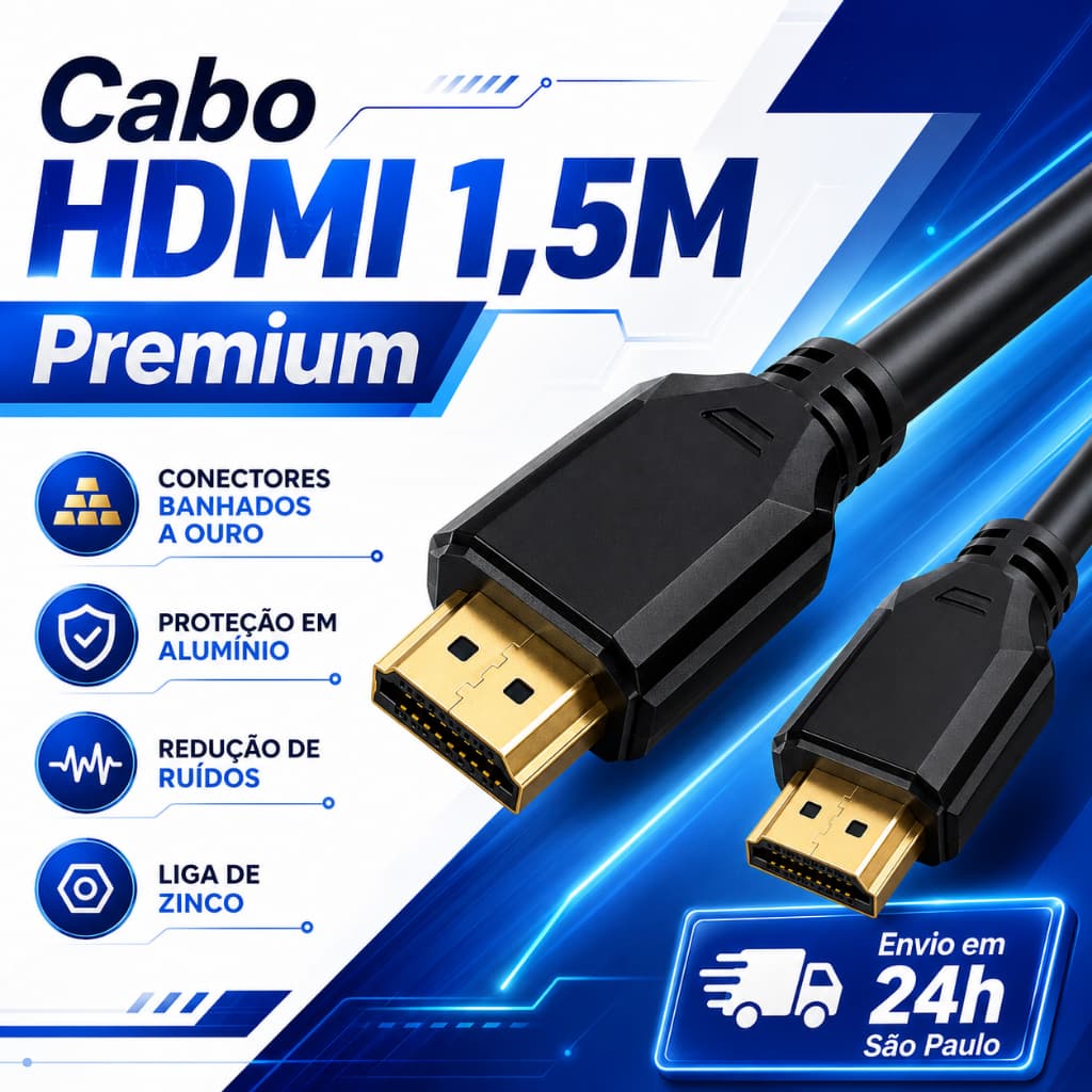 Cabo HDMI 1,5m Premium Macho x Macho Banhado a Ouro para TV Monitor Notebook e Projetor