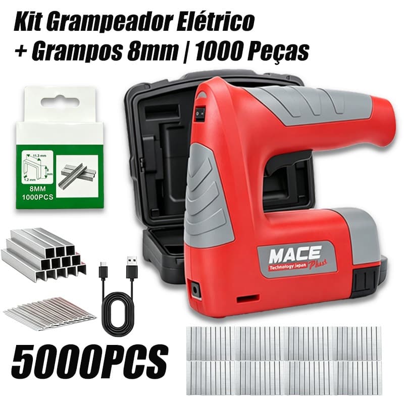 Grampeador Elétrico Sem Fio Recarregável MACE Plus + 5000 Grampos e Pregos para Tapeçaria Madeira