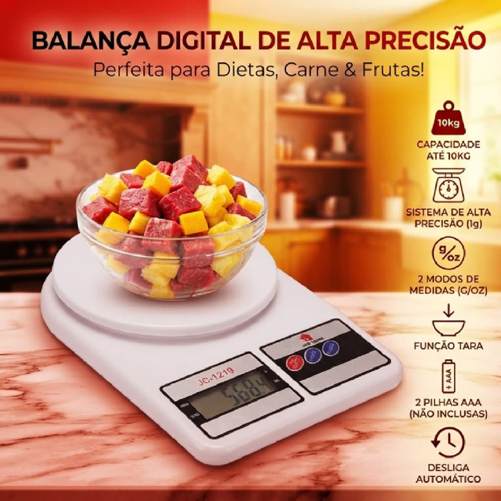 Balança Digital Cozinha Alta Precisão Dieta Comida Lcd Tara 2 Modos Pilhas Até 10kg Jc1219 Jmd Home