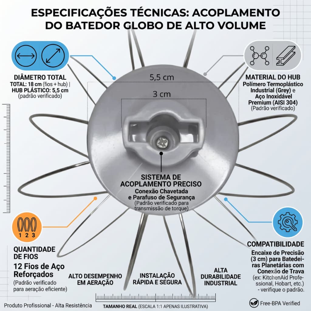 Batedor Globo para Batedeira Planetária Compatível Com Philco - Aço Inox