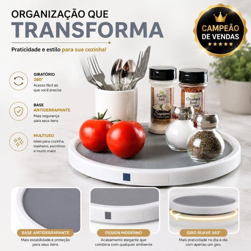 Suporte Giratório 360 Graus Organizador Multiuso 25cm Base Antiderrapante Cozinha Banheiro