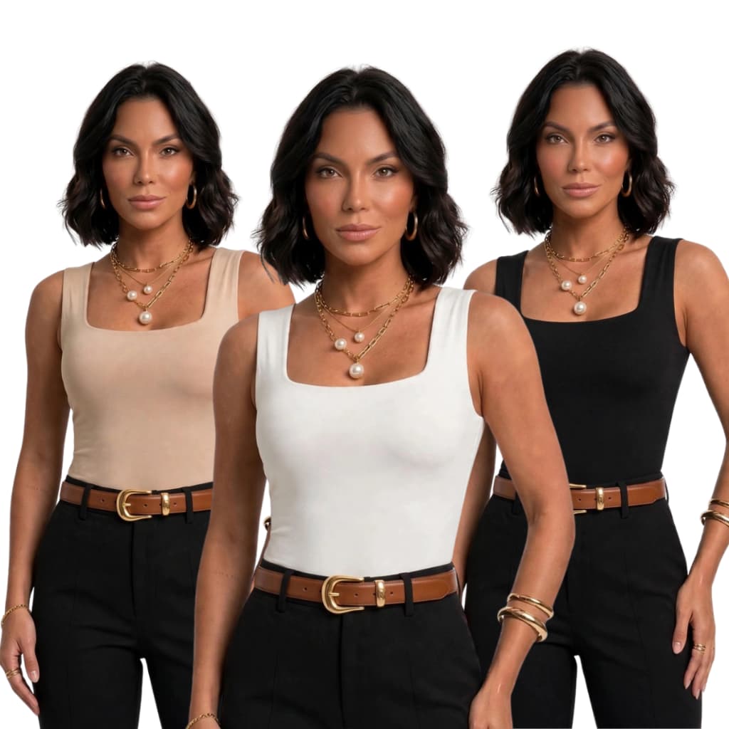Kit 2 Blusa Regata Decote Quadrado Forrada Blogueira Social Basico Regatinha