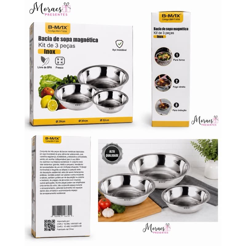 Kit com 3 bacias de inox B-MAX (28, 30 e 32 cm), resistentes, empilháveis e ideais para o dia a dia da cozinha.
