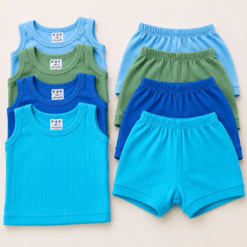 Kit 3 e 6 Peças Regata + Tapa Fralda Short Bebê Verão Calor Feminino e Masculino Unissex Liso Canelado Tecido Premium