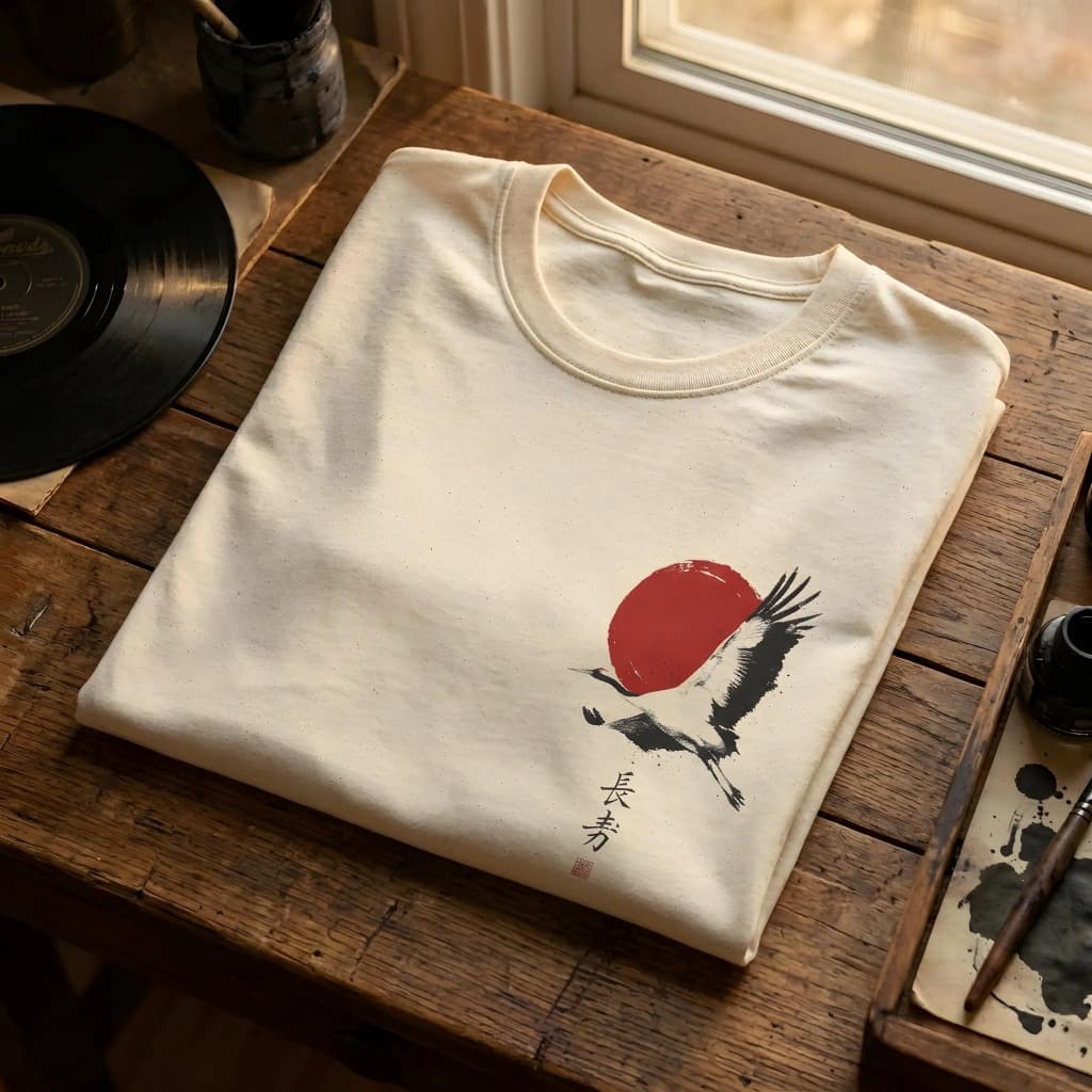 Camiseta Garça Japonesa Sumi-e Estampa Arte Oriental Streetwear Moda Urbana Unissex Trend Estilo Top