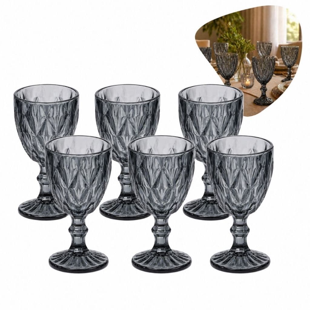 Jogo Taças Diamond Fumê 330ml Vidro Luxo Kit 2 4 6 Taças Água Festa