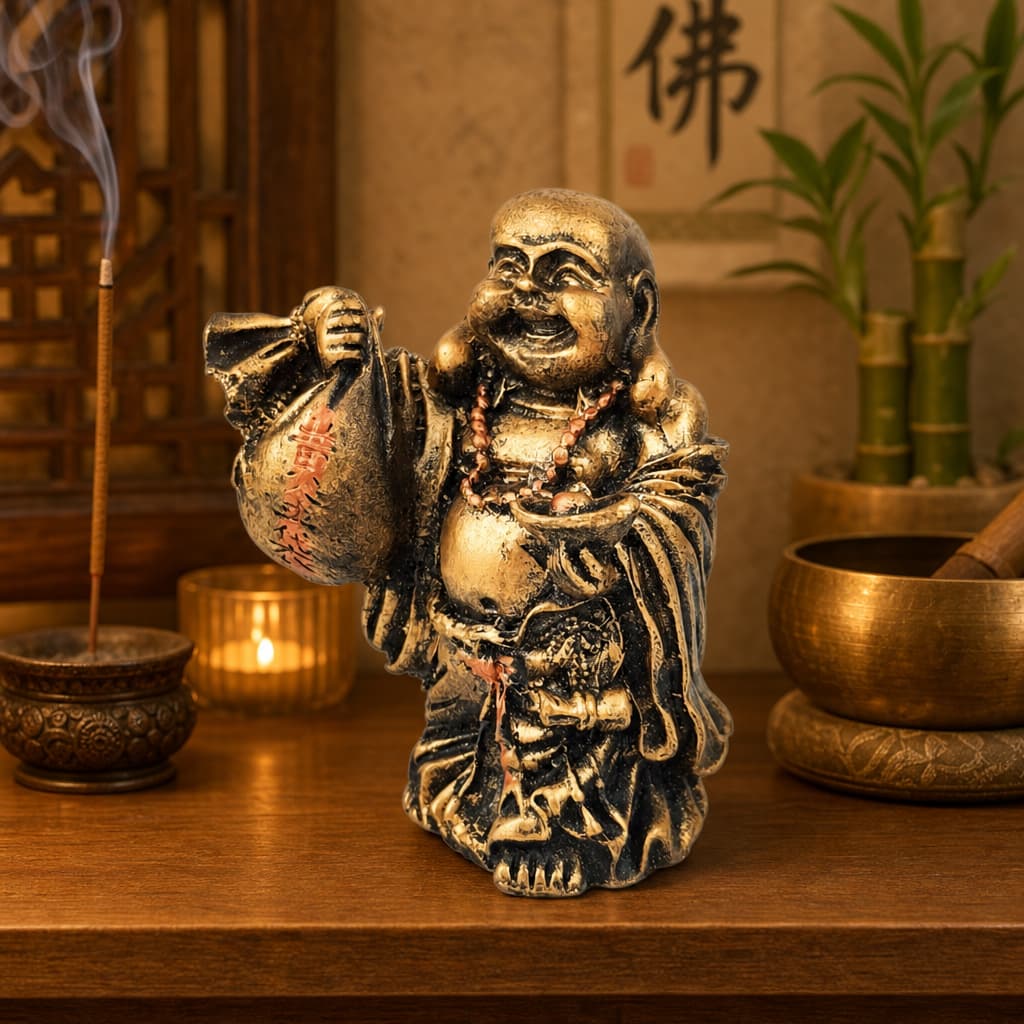 Buda da Riqueza Fortuna Sorte Chines Com Saco Dinheiro Dourado Ouro Resina