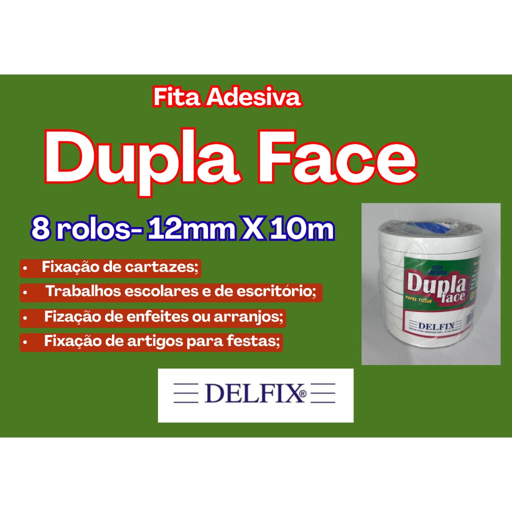 08 Rolos Fita adesiva Dupla Face Delfix 12mmx10m