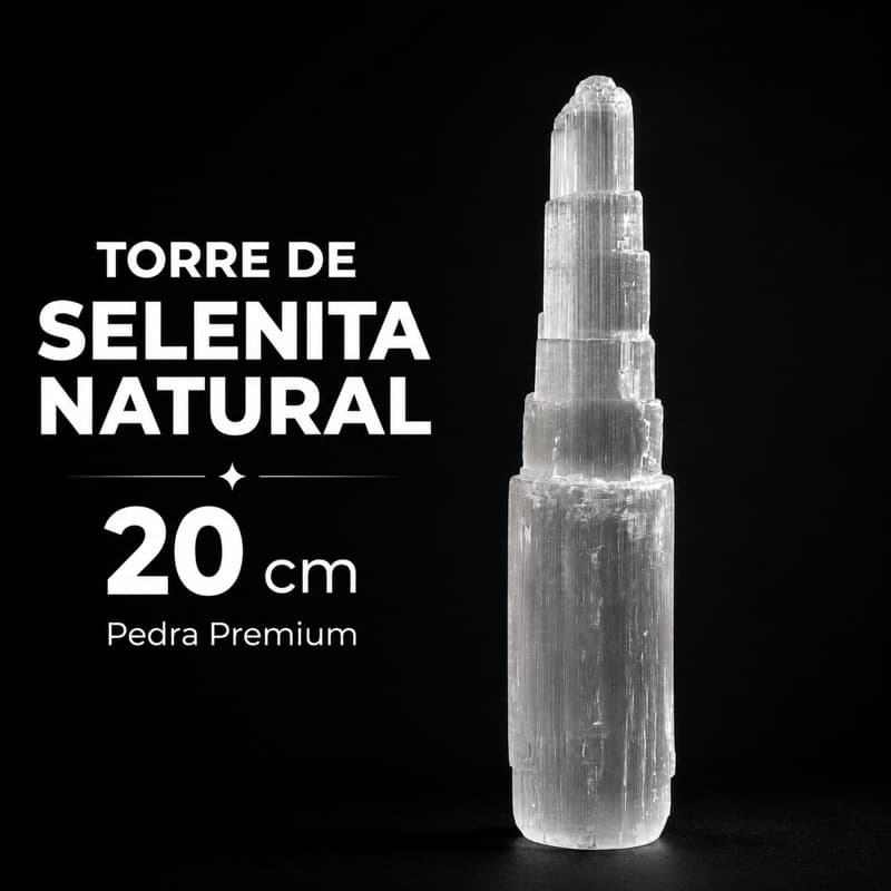 Torre de Selenita Natural 20cm Cristal Branco Pedra Natural Decoração Reiki Meditação Limpeza Energética Feng Shui