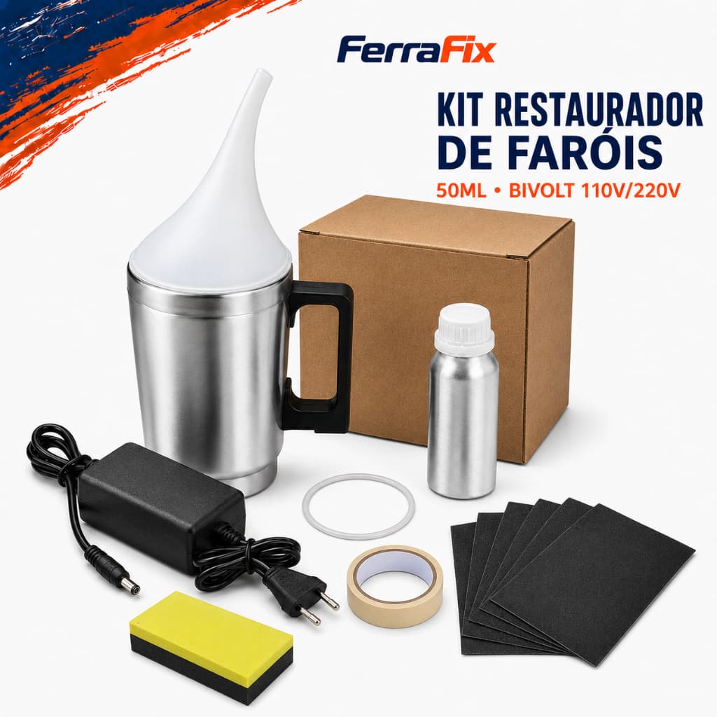 Kit Restaurador de Farol Automotivo 50ml 110V/220V com Copo Aquecedor, Lixas e Acessórios