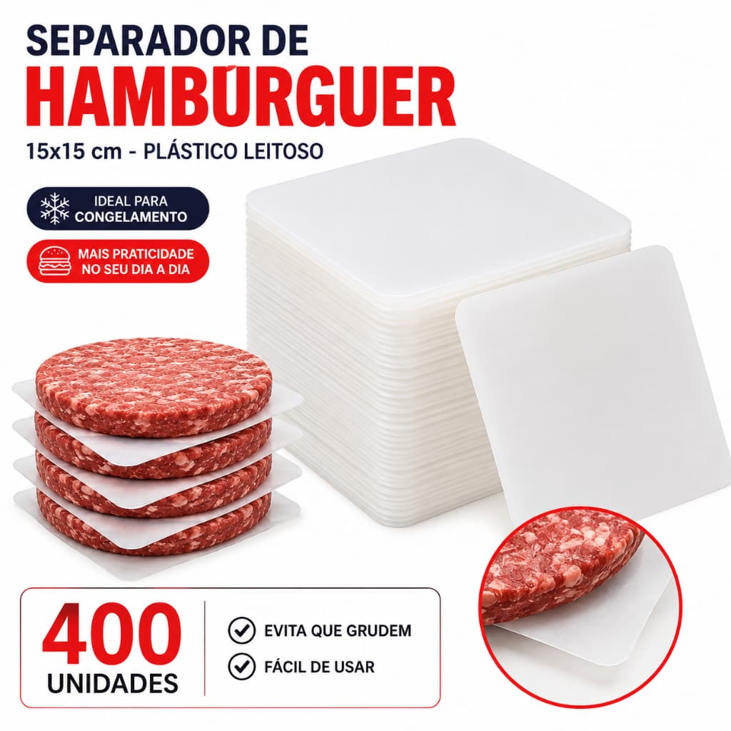 Separador de Hambúrguer 15x15 cm Leitoso 500g 400 Unidades Papel Plástico Antiaderente