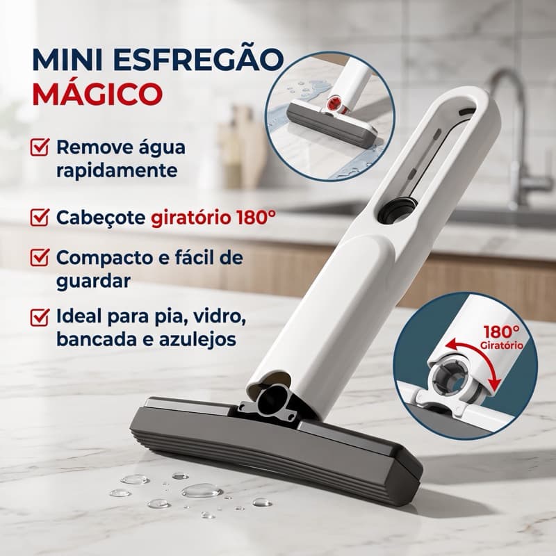 Mini Rodo Esfregão Absorvente para Pia Retrátil Multifuncional Limpa Vidros Bancada Banheiro Cozinha Compacto